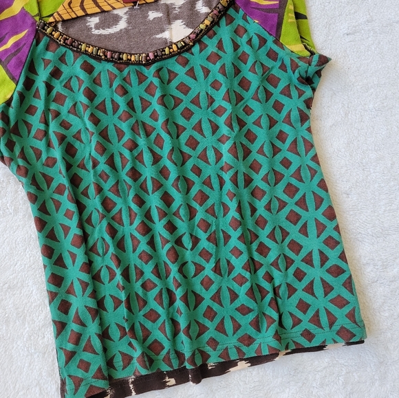 Julie G Top Beaded Neck Tee Green Brown Mixed Media Patchwork Cap Sleeve Tee M - Picture 5 of 8